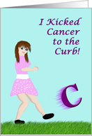 I kicked cancer to the curb woman kicking big C party invitation card