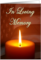 In loving memory lit candle and waving flag card