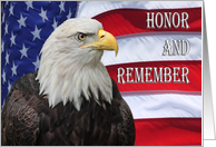 Military Honor and Remember Bald Eagle and flying American Flag card