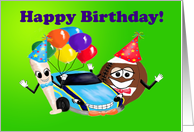 Happy Birthday boy cartoon baseball bat car football with balloons card