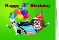 Happy 5th Birthday boy cartoon baseball bat car footbal with balloons card