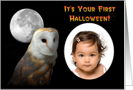 Baby’s First Halloween full moon and barn owl customizable card