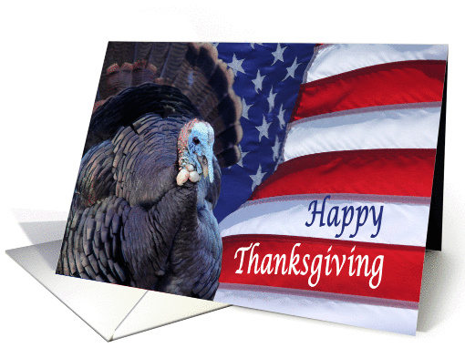 Happy Thanksgiving patriotic turkey waving American flag card (969119)