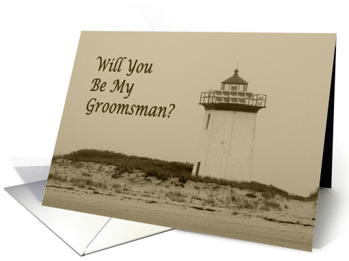 Will you be my Groomsman lighthouse on beach sepia look card (973655)