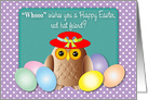 red hat Easter owl, colored eggs card