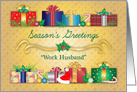 Season’s Greetings to Work Husband, Presents, Santa Hat, Holly card
