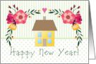Primitive Happy New Year Flowers & House card