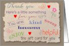 Thank You Gift Card Enclosed Colorful Text card