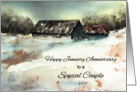 Happy Wedding Anniversary, January, snowy scene watercolor card
