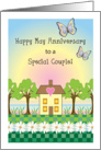 Happy May Anniversary, house, trees, butterflies card
