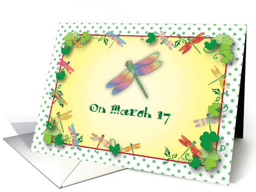St Patrick's day dragonfly theme, shamrocks card (1000385)