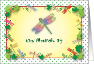 St Patrick’s day dragonfly theme, shamrocks card