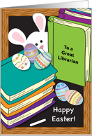 Happy Easter to Librarian, decorated eggs, books, bunny card