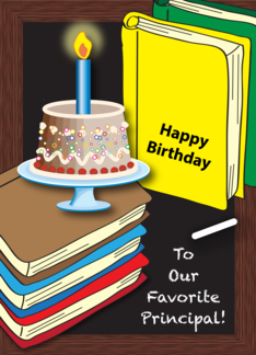 Birthday to School Principal, books, cake