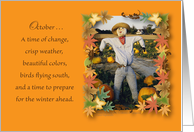 October Birthday, scarecrow, leaves card