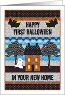 1st Halloween in new home, house, bats, ghost card