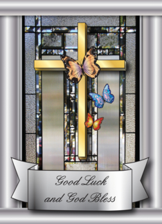 Good Luck, religious theme, cross, butterflies