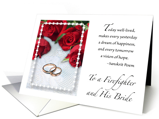 Congratulations, wedding, Firefighter, roses, rings card (1277460)