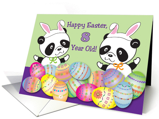 Happy Easter 8 yr. old, pandas, decorated eggs card (1355176)