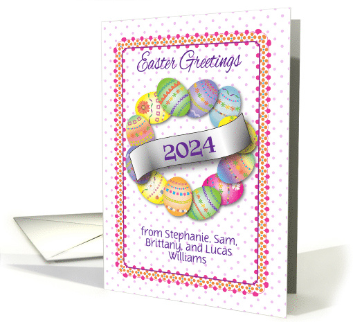 Custom name 2024 Easter Greetings Egg Wreath card (1358424)