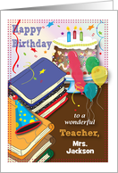 Custom Name Birthday, teacher, books, cake card