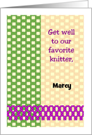 Custom Name Get Well for Knitter, knit, purl stitches card