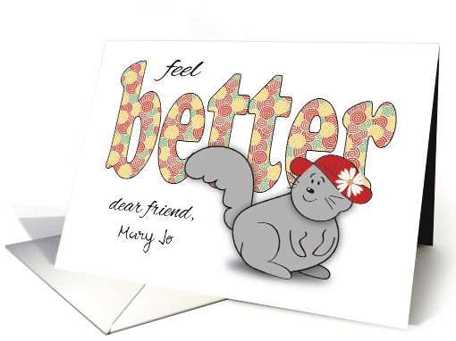 Custom Name Get Well, red hat friend, squirrel card (1367764)