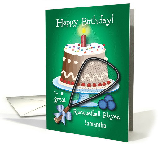 Custom Name Birthday, racquetball player, cake card (1371146)