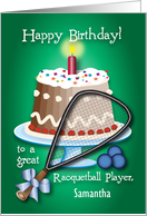 Custom Name Birthday, racquetball player, cake card