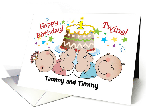 Custom Name Birthday for twins, boy, girl, cake, stars card (1376964)