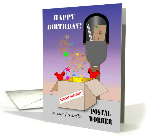 Postal Worker Birthday, mail box, open package, stars card (1378126)