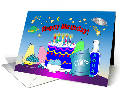 Aliens Birthday, cake, ice cream, stars card (1380544)