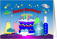 Aliens Birthday, cake, ice cream, stars card