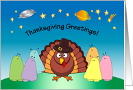 Aliens Thanksgiving, across the miles, turkey, stars, UFO card