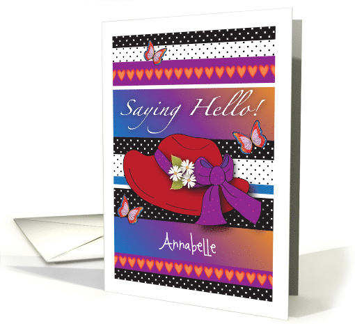 Custom Name red hat hello, butterflies, daisies card (1383430)