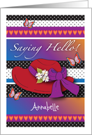 Custom Name red hat hello, butterflies, daisies card