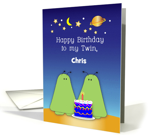 Custom Name Twin Birthday, aliens, space card (1385024)