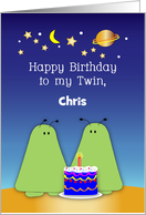 Custom Name Twin Birthday, aliens, space card