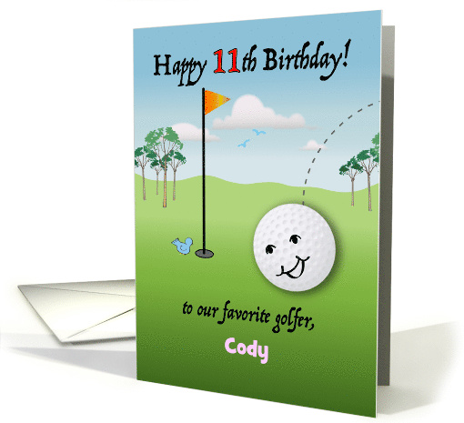 Custom Name 11th Birthday for golfer, smiling golf ball card (1387020)