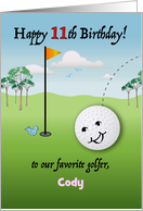 Custom Name 11th Birthday for golfer, smiling golf ball card