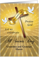 Custom Name All Saints Day, cross, doves card