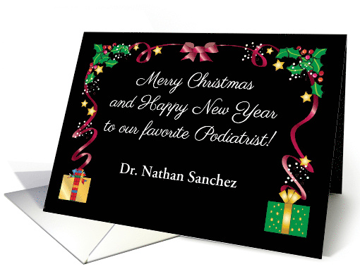 Custom Name Christmas, for Podiatrist, ribbon, holly card (1391652)