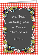 Custom Name Christmas for Beekeeper, bees, candy canes card