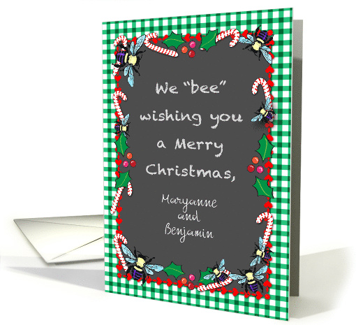 Custom Name Christmas, bee theme, candy canes card (1392296)