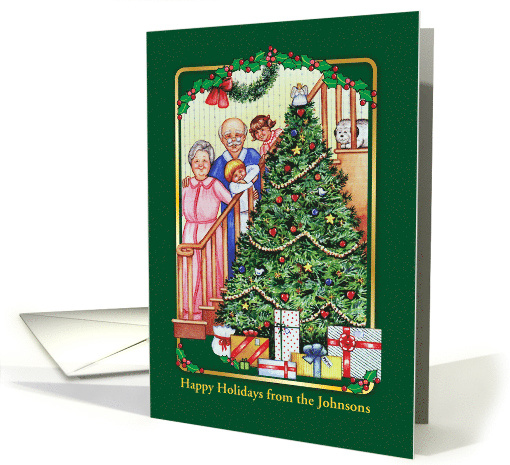 Custom Name Happy Holidays, family, decorated tree card (1396908)