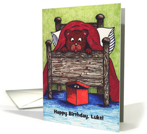 Custom Name Birthday for child, bear, opening box card (1397436)