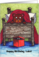 Custom Name Birthday for child, bear, opening box card