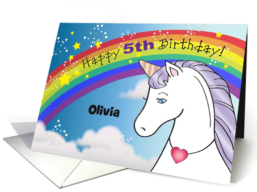 Custom Name 5th Birthday, girl, rainbow, unicorn card (1400050)