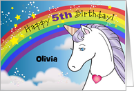 Custom Name 5th Birthday, girl, rainbow, unicorn card