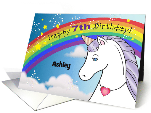 Custom Name 7th Birthday, girl, rainbow, unicorn card (1400252)